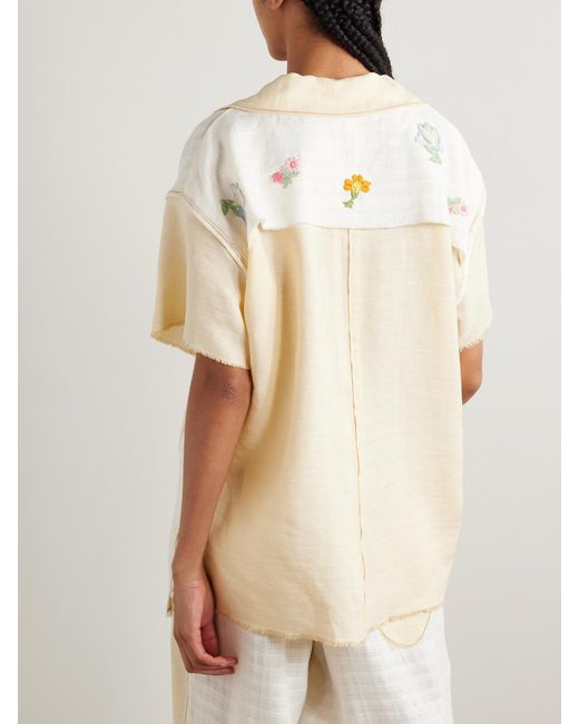 Thank You Have A Good Day Natural Appliquéd Frayed Two-Tone Linen Shirt