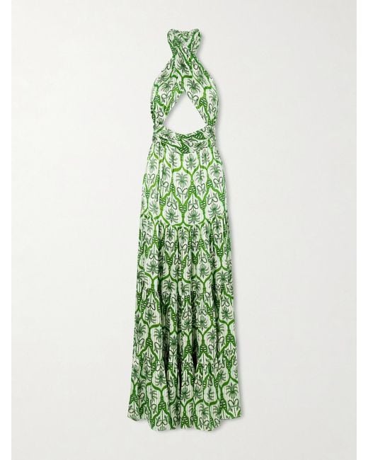 Christiano Marchelli Green Nina Cutout Printed Silk-Blend Satin Maxi Dress