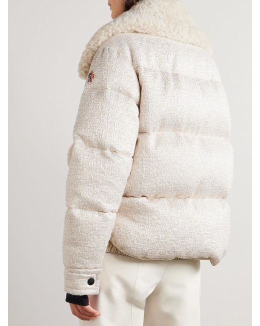 Moncler Natural Stowe Appliquéd Shearling-Trimmed Metallic Tweed Down Jacket