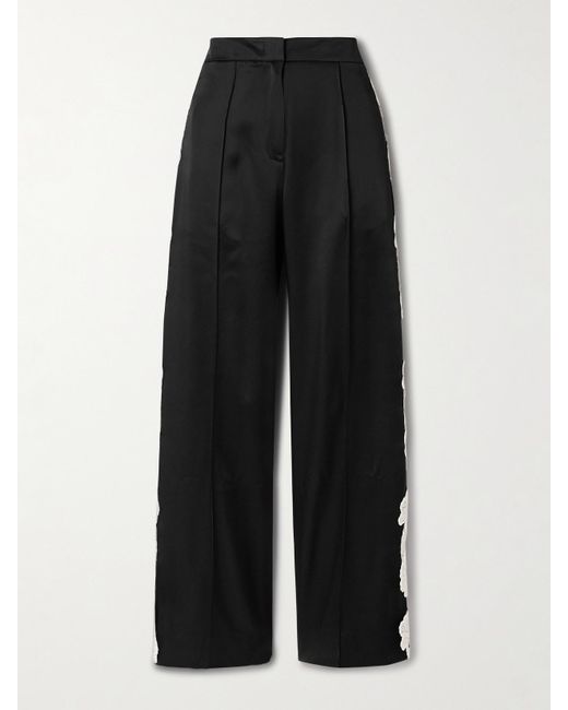 Jil Sander Black Hose Mit Weitem Bein Aus Satin Mit Guipure-Spitzenbesätzen