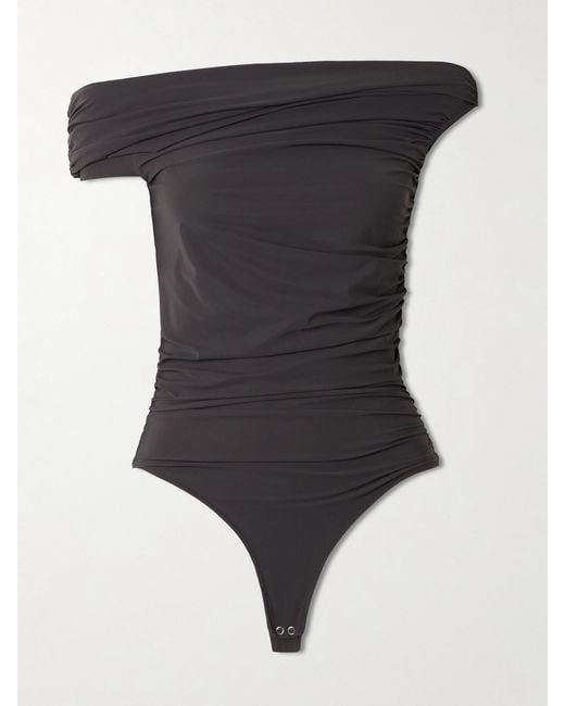 Agolde Black Sherilyn Off-The-Shoulder Ruched Stretch-Jersey Bodysuit