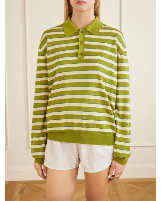 La Ligne Green Ben Striped Silk, Wool And Cashmere-Blend Polo Sweater