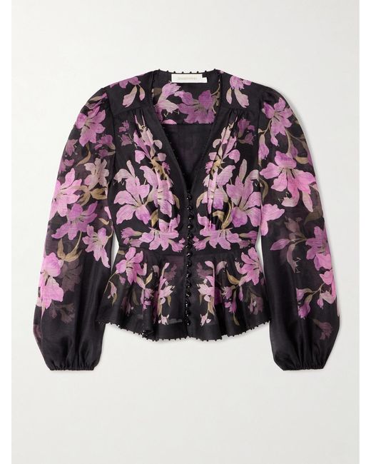 Zimmermann Black Dawning Bead-Embellished Floral-Print Linen And Silk-Blend Blouse