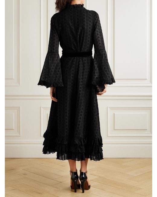 Valentino Garavani Black Belted Tiered Velvet-Trimmed Broderie Anglaise Cotton Midi Dress
