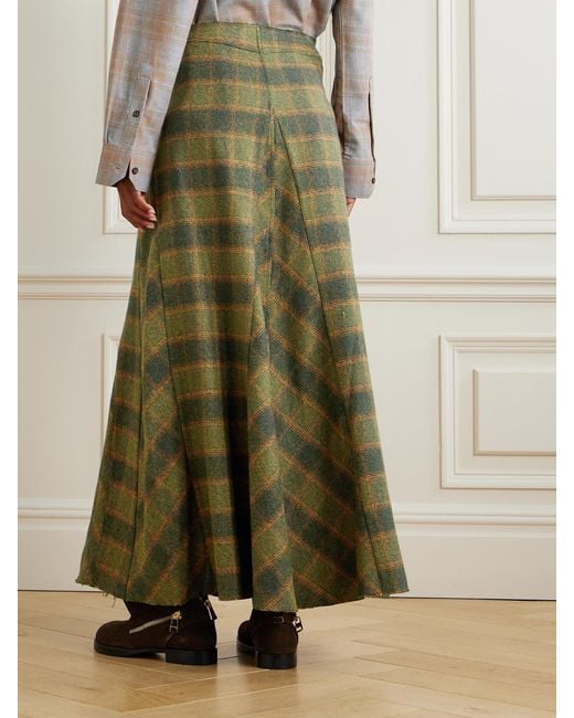 Our Legacy Green Rebel Distressed Paneled Checked Cotton-Flannel Midi Skirt