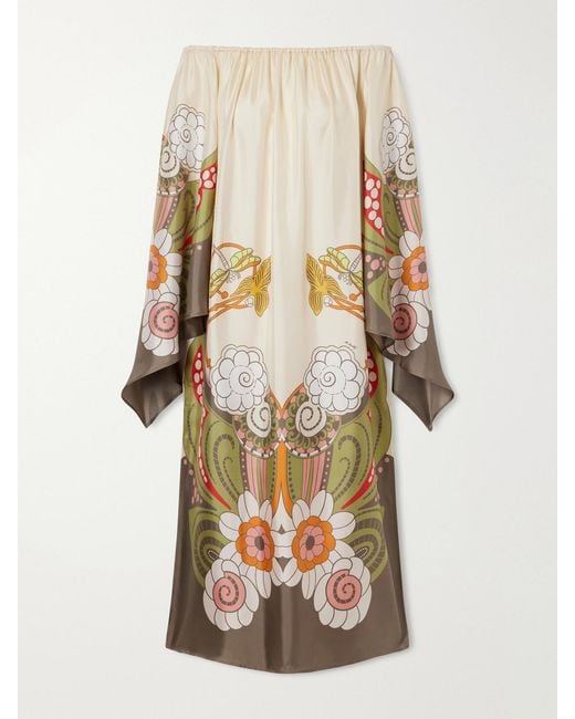 LaDoubleJ Natural Goddess Printed Off-The-Shoulder Silk-Twill Midi Dress