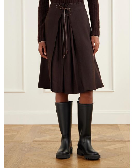Moncler Black Leather-Trimmed Wool-Gabardine Midi Skirt