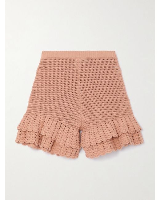 Chloé Natural Shorts Aus Gehäkelter Baumwolle Mit Volants