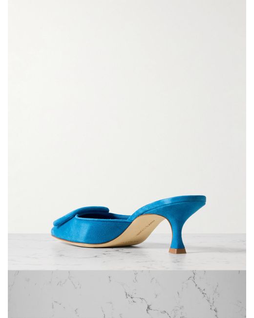 Manolo Blahnik Blue Maysale 50 Buckled Suede Mules
