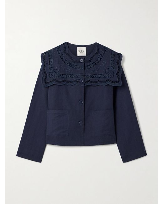Sea Blue Marie Broderie Anglaise Cotton And Linen-Blend Jacket