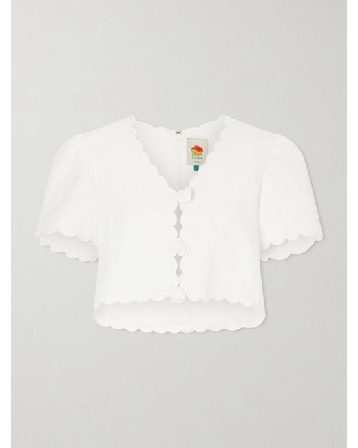 Farm Rio White Cropped Floral-Appliquéd Scalloped Linen Top