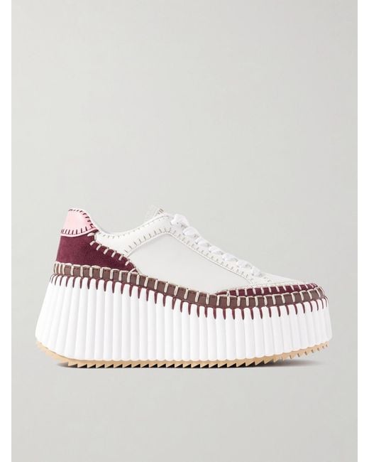 Chloé Nama Embroidered Suede-Trimmed Leather Platform Sneakers