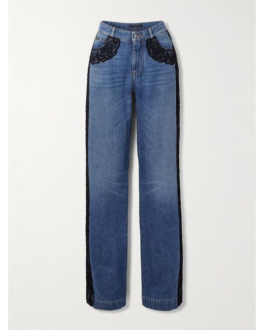 Dolce & Gabbana Blue Lace-Trimmed Mid-Rise Straight-Leg Jeans
