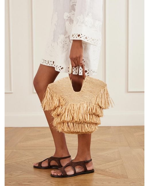 Zimmermann Natural Goldentime Small Leather-Trimmed Fringed Raffia Tote