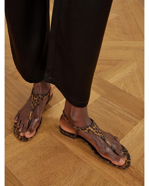 Saint Laurent Natural Cassandra Logo-Embellished Leopard-Print Canvas Sandals
