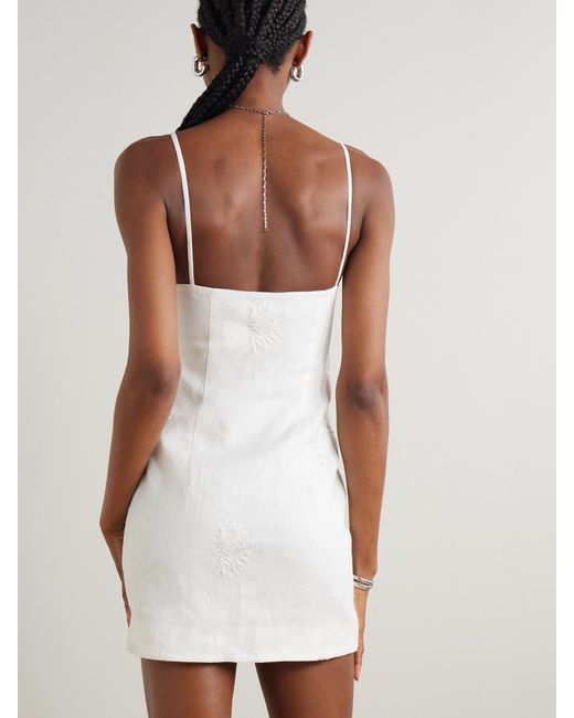 Sir White Alessandra Gathered Embroidered Linen Mini Dress