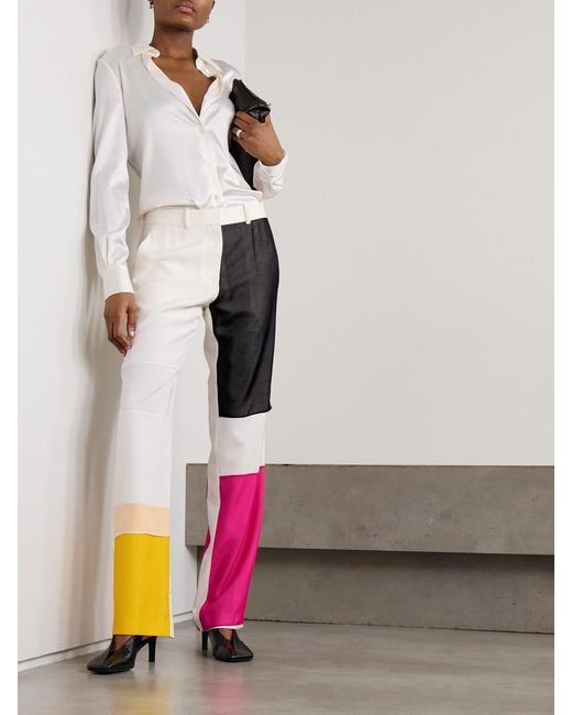Helmut Lang Pink Patchwork Silk-Chiffon Trimmed Stretch-Satin Straight-Leg Pants