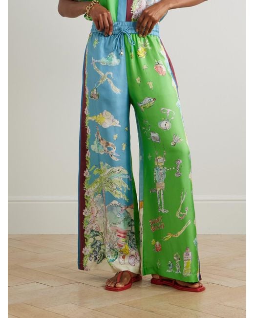 ALÉMAIS Green Anouk Colantoni Daria Embellished Printed Silk-Twill Wide-Leg Pants