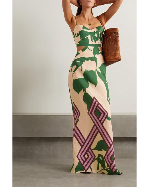 Johanna Ortiz Green Between Daydreams Maxikleid Aus Leinen Mit Print Und Cut-Out