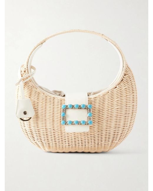 Roger Vivier Natural Embellished Leather-Trimmed Raffia Shoulder Bag