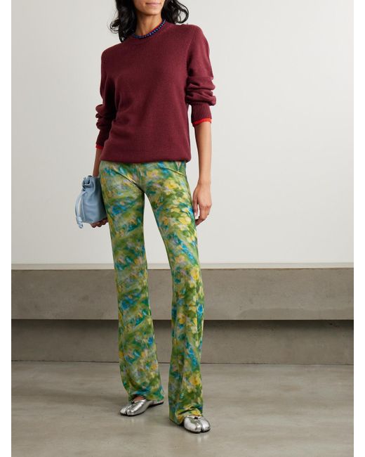 Siedres Green Floral-Print Stretch-Jersey Flared Pants