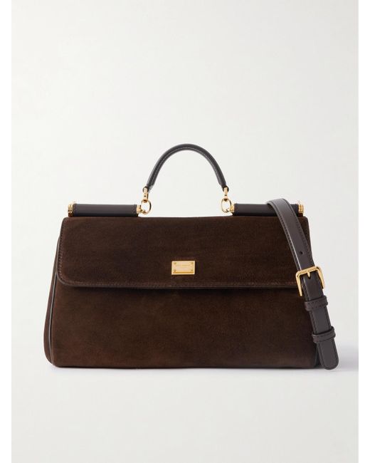 Dolce & Gabbana Brown Sicily Small Leather-Trimmed Suede Shoulder Bag