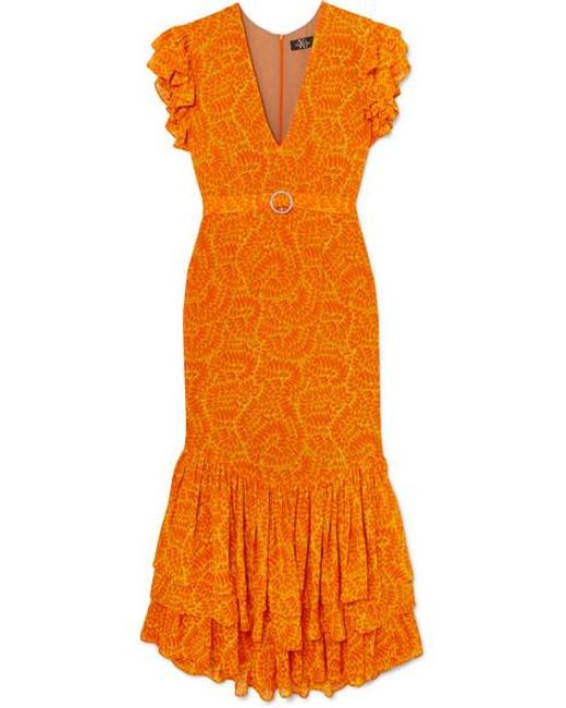 De La Vali Orange Apolonia Ruffled Crystal-embellished Printed Georgette Maxi Dress