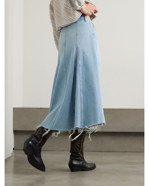Mother Blue The Full Swing Frayed Denim Midi Skirt