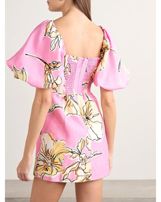 Aje. Pink Flourish Embellished Floral-Print Linen-Blend Mini Dress