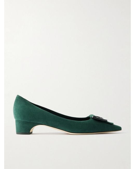 Manolo Blahnik Green Beti 30 Embellished Suede Pumps