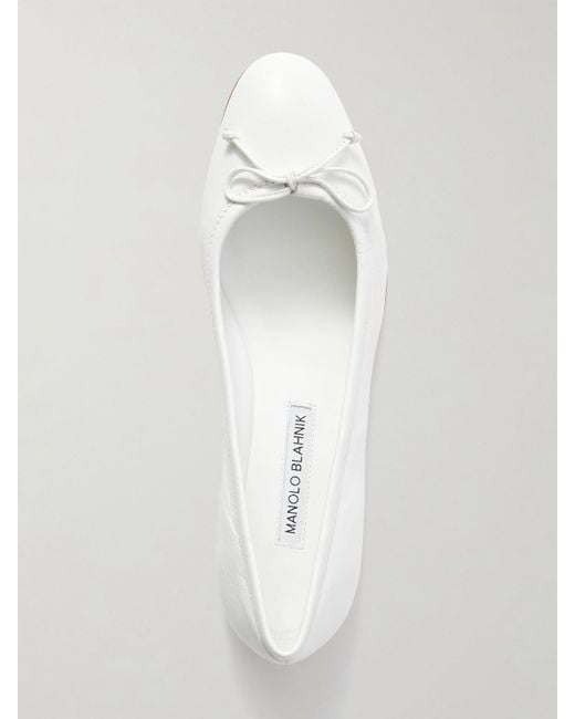 Manolo Blahnik White Veralli Bow-Detailed Leather Ballet Flats