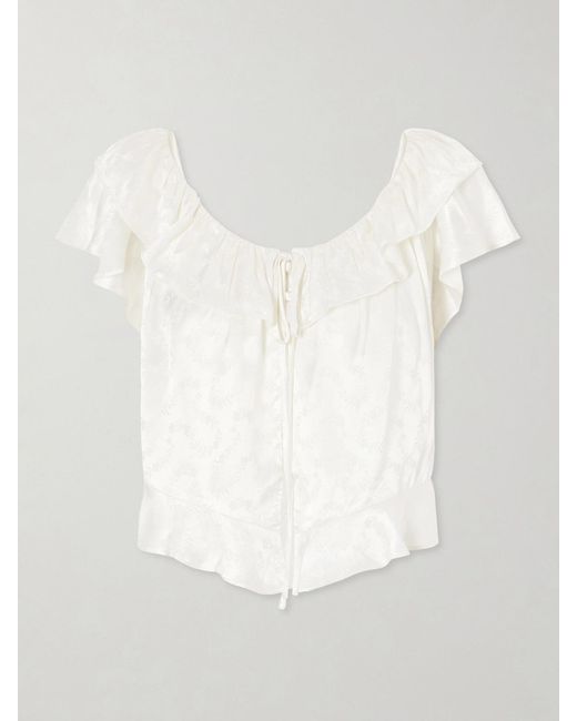 Doen White Floriette Ruffled Satin-Jacquard Blouse