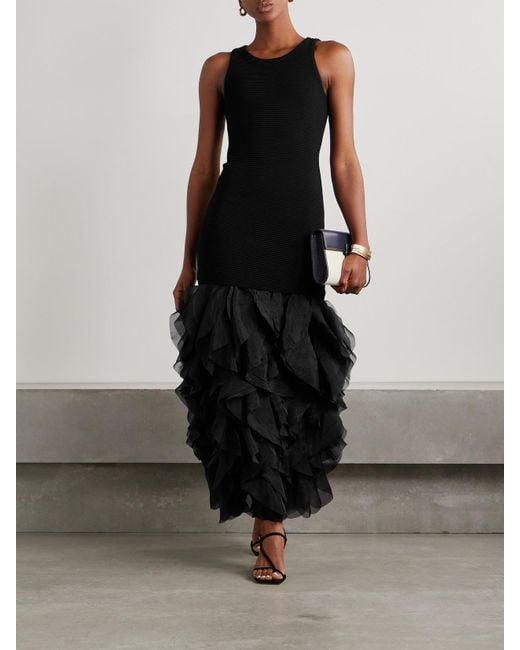 Aje. Black Elations Ribbed-Knit And Ruffled Organza Maxi Dress