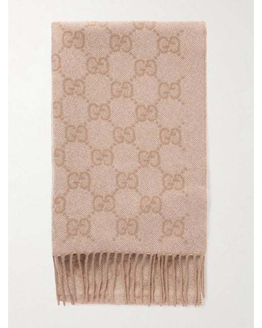 Gucci Natural Fringed Logo-Jacquard Metallic Cashmere-Blend Scarf