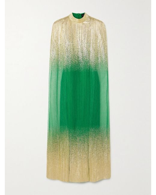 Dima Ayad Green Metallic Plissé-Tulle Gown And Cape Set