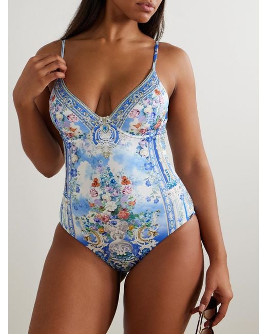 Camilla Blue Crystal-Embellished Printed Stretch Recycled Swimsuit