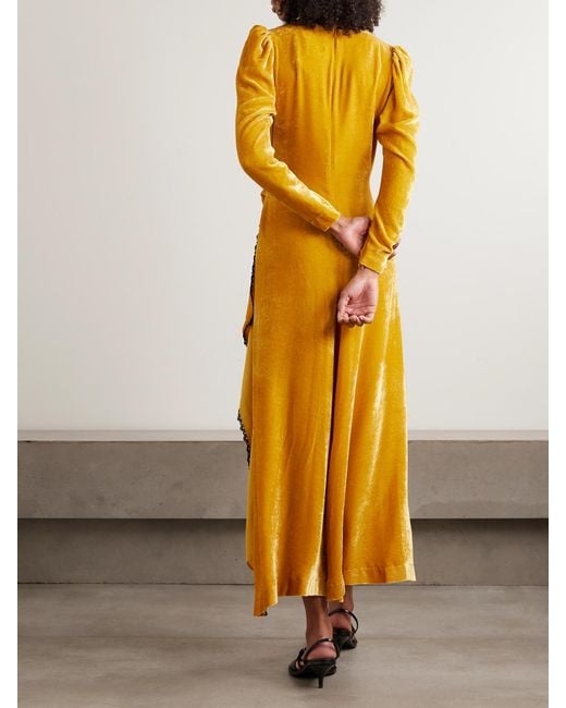 LaDoubleJ Yellow Wrap-Effect Draped Lace-Trimmed Velour Maxi Dress