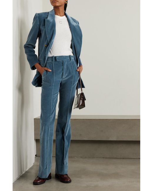 FRAME Blue The Slim Stacked Cotton-Blend Velvet Straight-Leg Pants