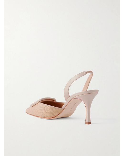 Manolo Blahnik Natural Mayslibi 70 Lizard-Effect Leather Slingback Pumps