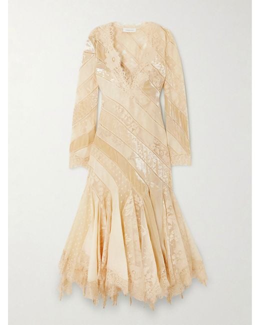 Zimmermann Natural Eden Ruffled Paneled Lace-Trimmed Devoré-Velvet And Linen Maxi Dress