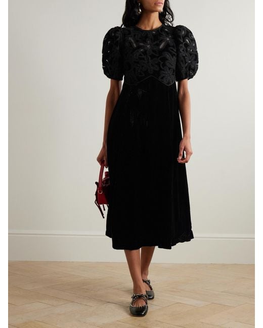 Sea Black Alice Embroidered Lace-Trimmed Velvet Midi Dress