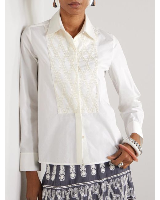 Emporio Sirenuse White Cassandra Hemd Aus Popeline Aus Einer Baumwollmischung Mit Zierperlen Und Stickereien