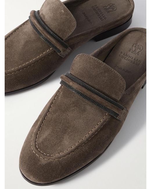 Brunello Cucinelli Brown Slippers Aus Veloursleder Mit Zierperlen