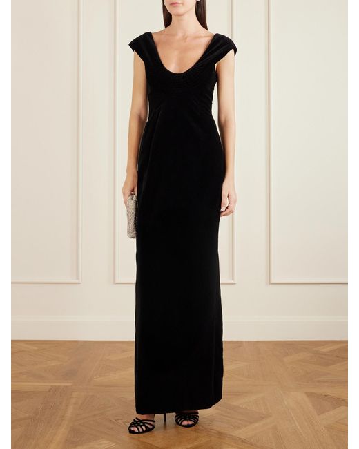 Colleen Allen Black Shirred Cotton-Velvet Gown