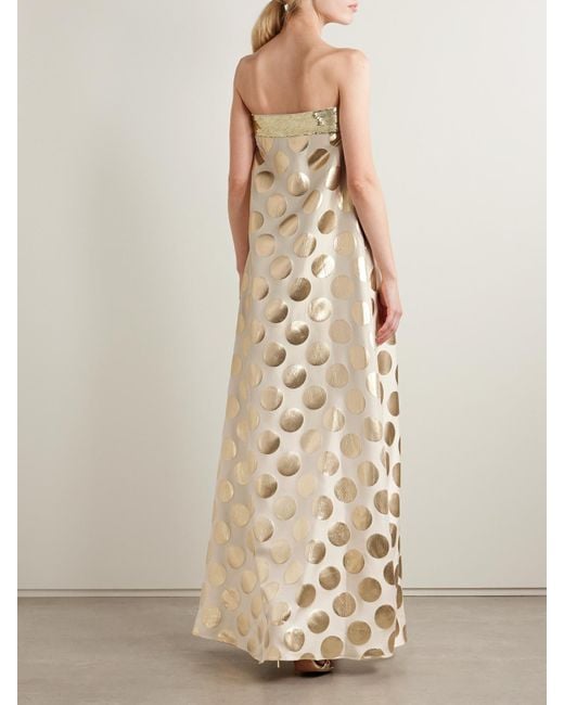 Dima Ayad Natural Strapless Sequin-Embellished Metallic Polka-Dot Brocade Gown