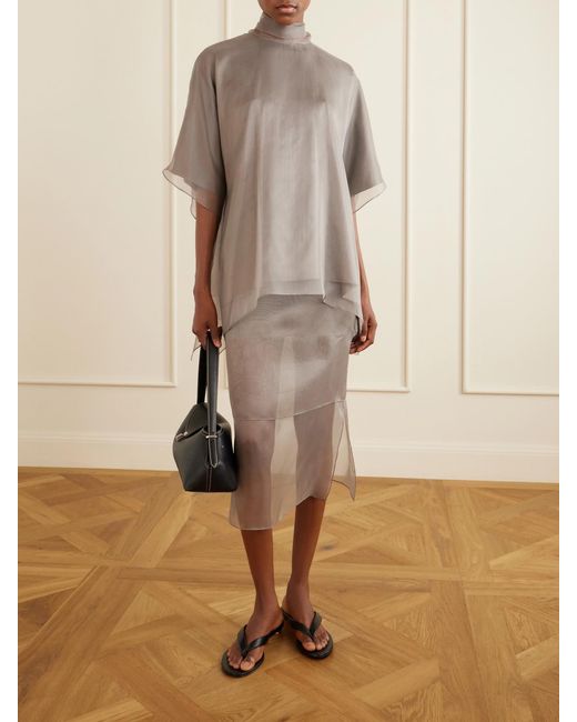 Brandon Maxwell Gray The Cali Tie-Detailed Layered Silk-Organza Blouse