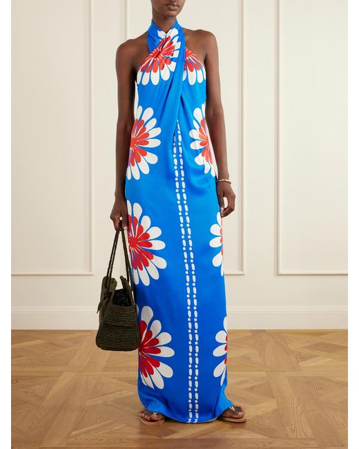 Cala De La Cruz Blue Oliviera Floral-Print Satin Halterneck Maxi Dress