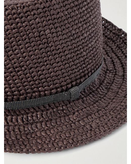 Brunello Cucinelli Brown Bead-Embellished Faux Raffia Bucket Hat