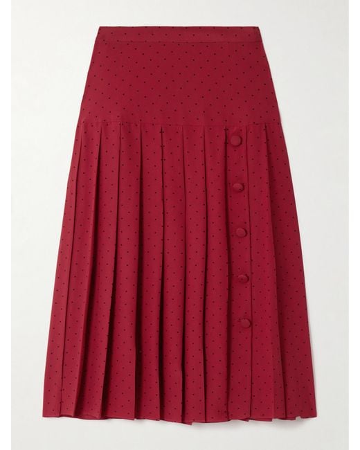 Alessandra Rich Red Pleated Polka-Dot Silk Midi Skirt