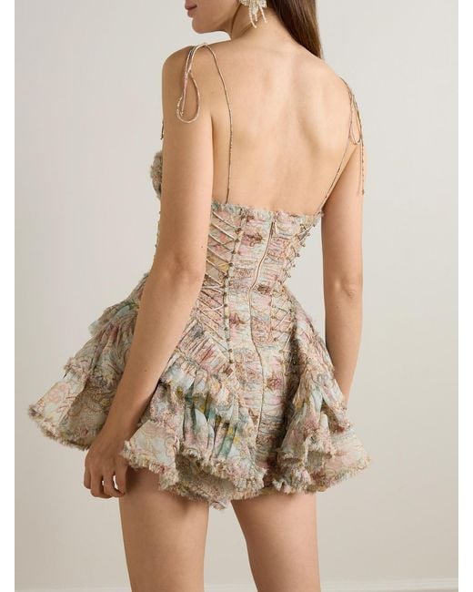 Zimmermann Natural Rebellion Bead-Embellished Ruffled Printed Silk Mini Dress